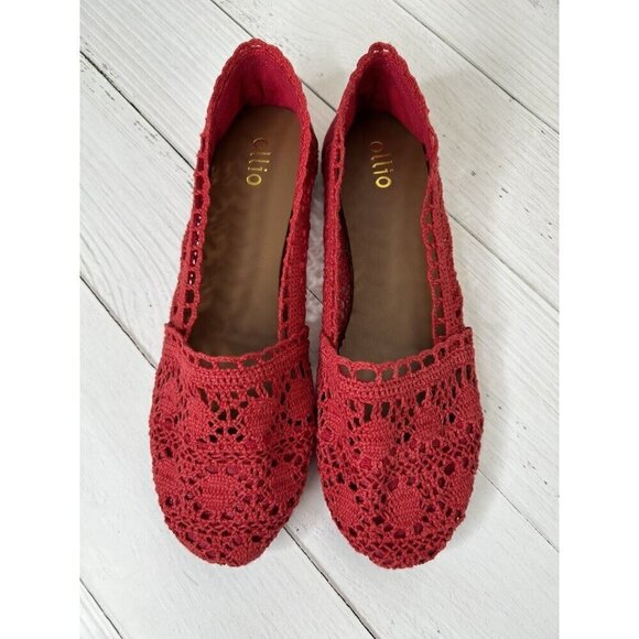 Ollio Women's Shoes Red Floral Lace Breathable Round Toe Ballet Flats Size 8 - Picture 1 of 12